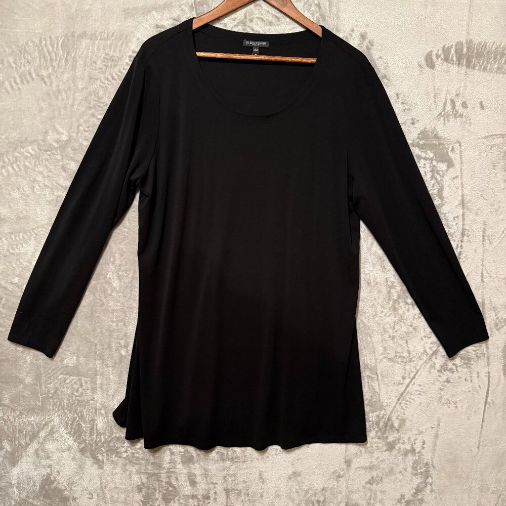 Eileen Fisher Black Scoop Neck Long Sleeve Tunic Top Womens 1X Silk Jersey